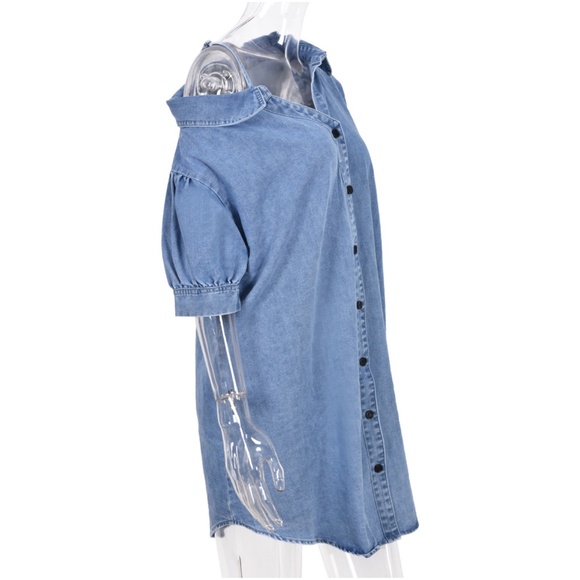 Denim Button Down Puff Sleeve One Shoulder Shirt Dress - Picture 8 of 10